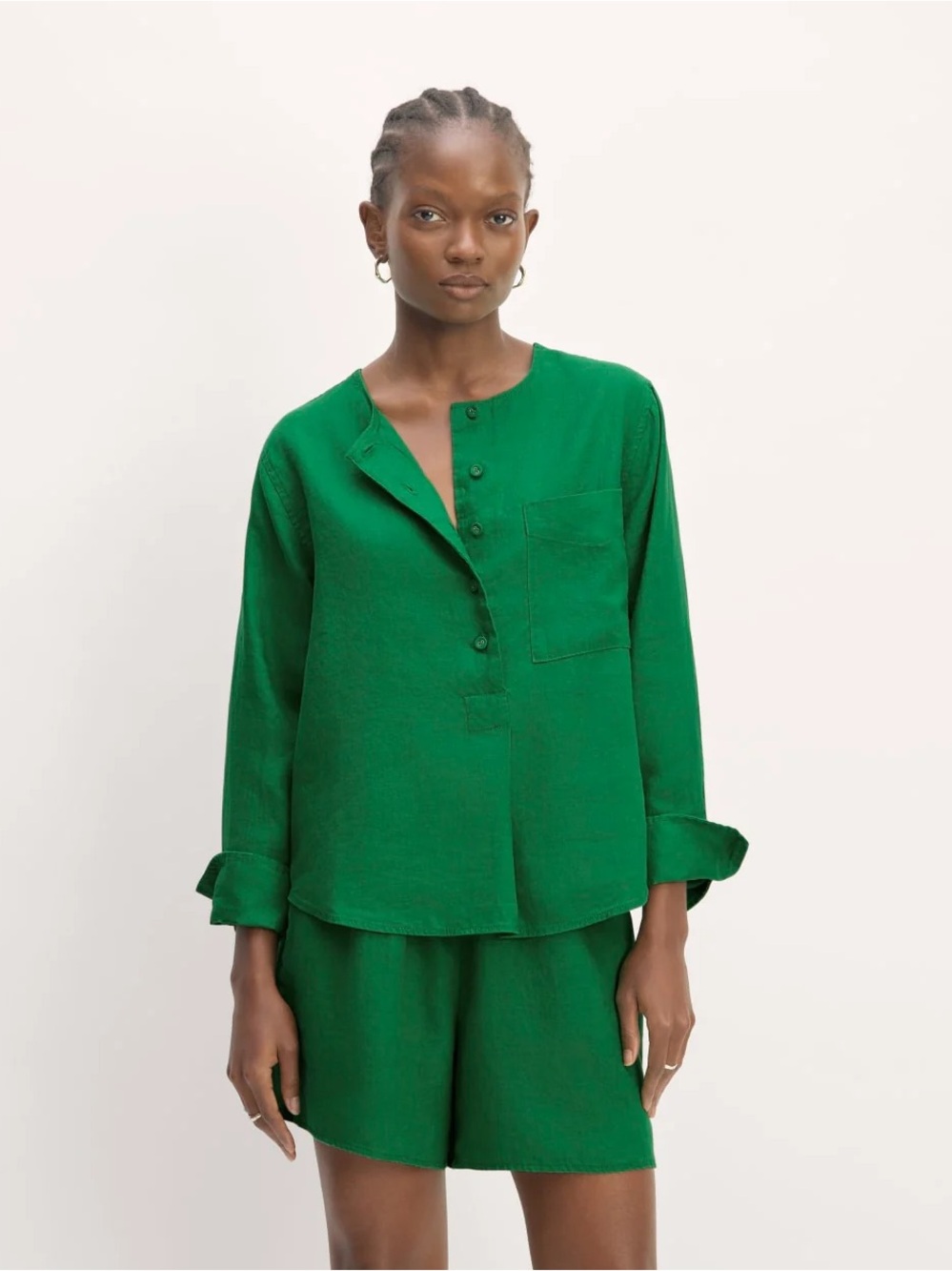 Everlane Emerald Green Linen Popover Shirt - Size Small Like New
